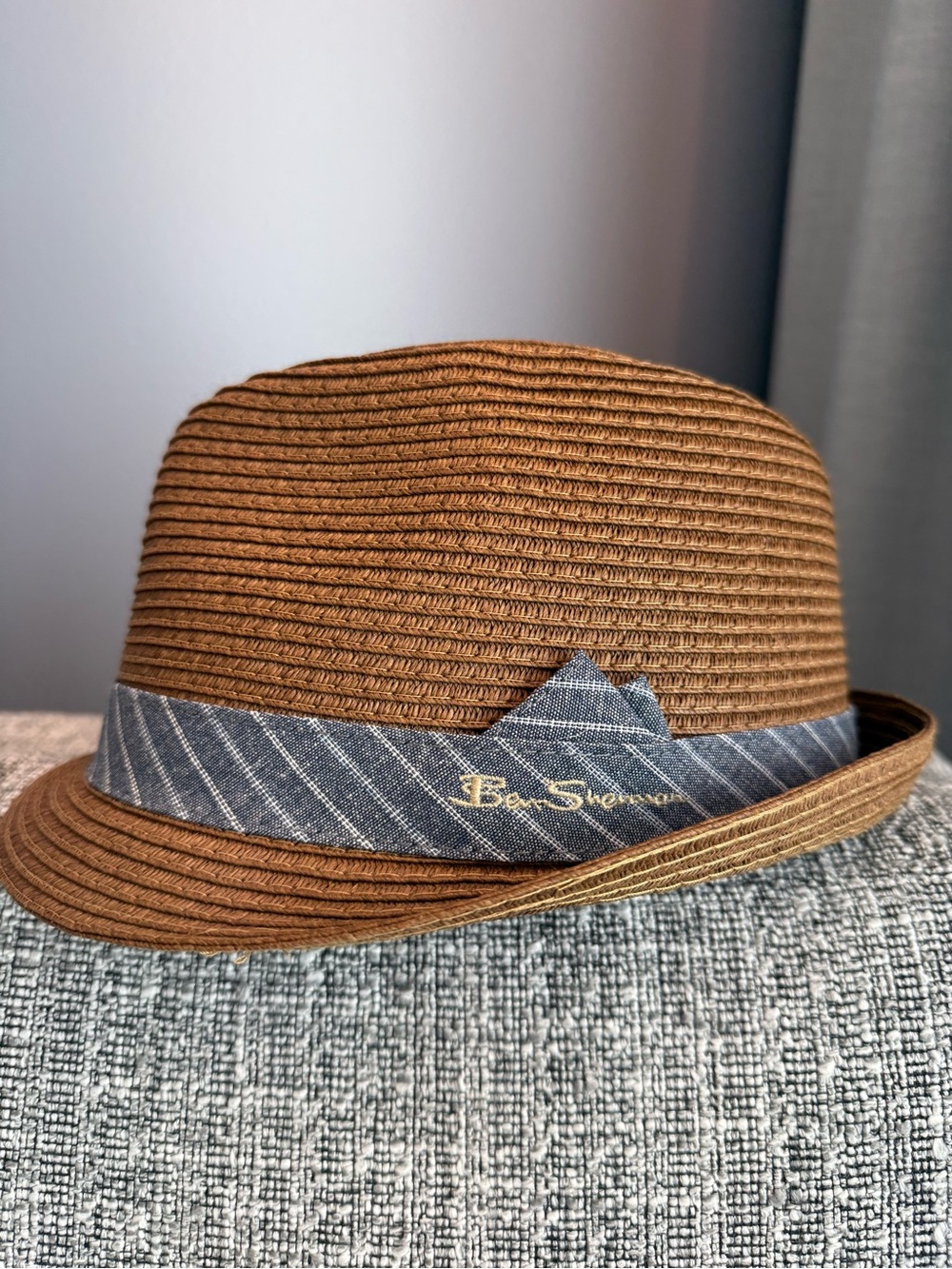 Ben Sherman Brown Paper Straw Fedora Hat L/XL Blue Pinstripe Band